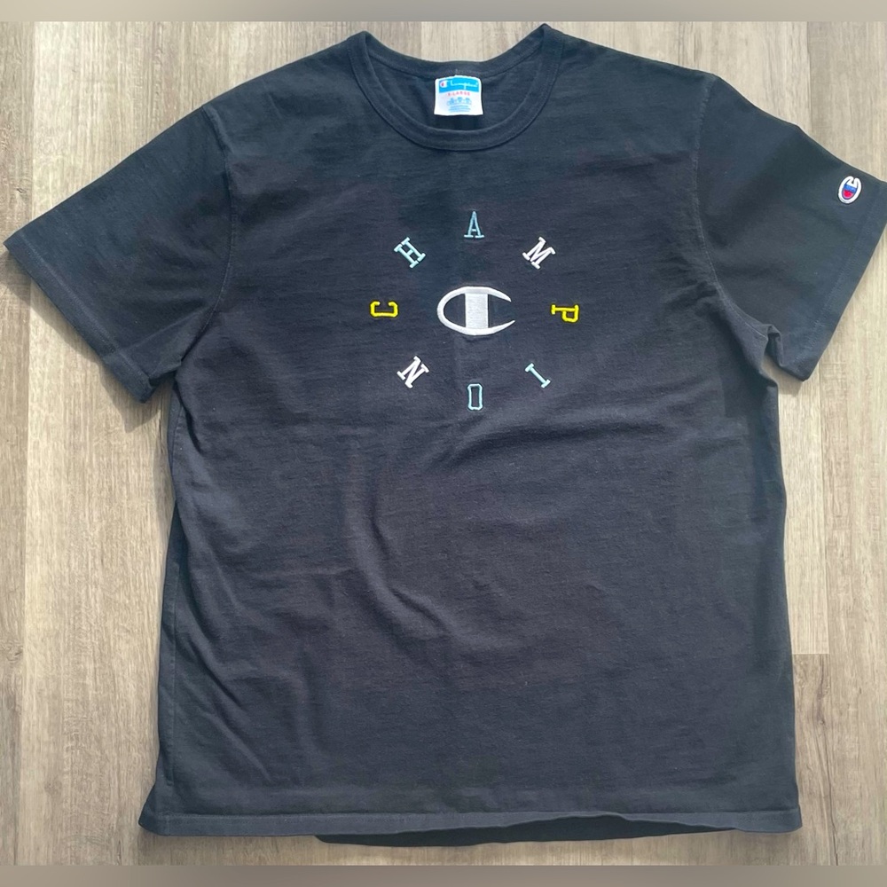 Champion spiral simple script embroidered loose boxy vintage black tee - SIZE XL